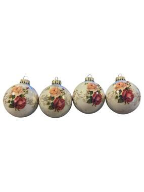 Vtg Christmas By Krebs 4 pcs Ornaments Victorian Rose Glass USA